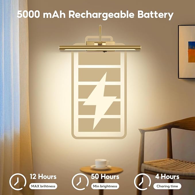 24" Picture Lights for Wall Battery Operated with Remote and Timer, Wireless Art Lights for Paintings, Rechargeable Wall Sconce, Dimmable Lighting for Canvas, Gallery Artwork, Portraits, Gold