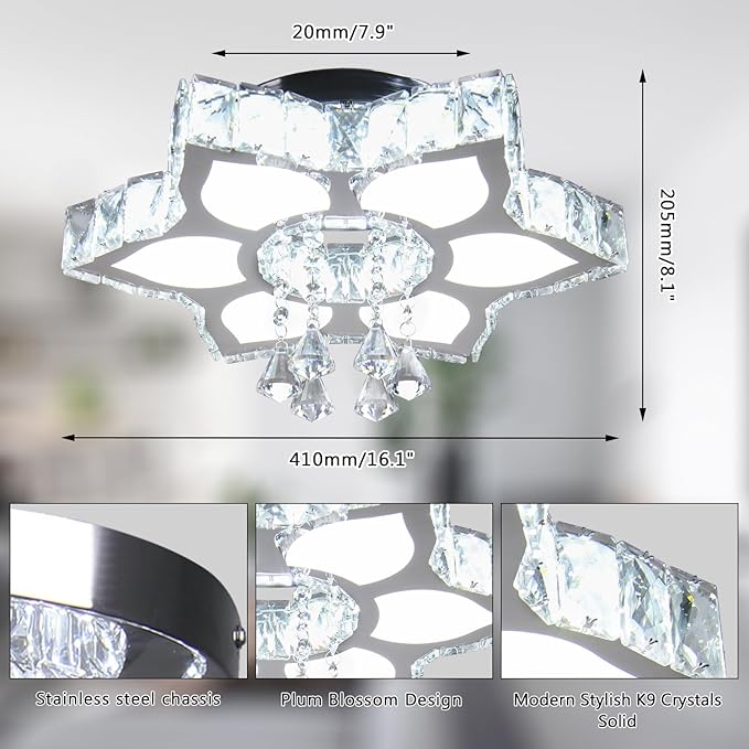 FRIXCHUR 16.1 Inch Dimmable Modern Crystal Chandelier Led Ceiling Light Fixture with Remote Flower Chandelier for Living Room Dining Room Closet