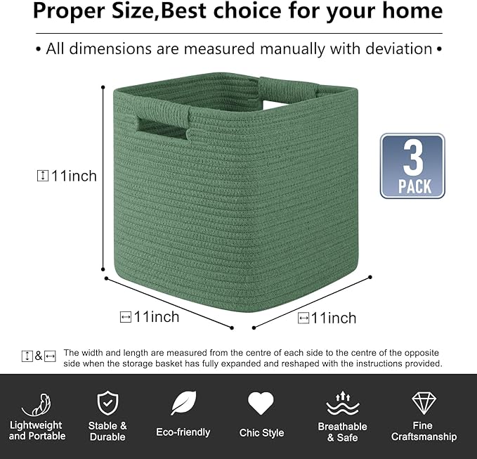 OIAHOMY Storage Cubes 11 Inch Storage Bins-3 Pack, Cotton Rope Woven Baskets for Organizing, Square Baskets for Shelves Organizer, Classroom, Toy Basket, Green