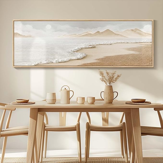 Framed Boho Coastal Beach Wall Art for Living Room, Large Neutral Ocean Canvas Artworks for Walls, Horizontal Abstract Minimalist Coastal Art Print for Bedroom Kitchen Office Wall Decor, 20x60 Inch