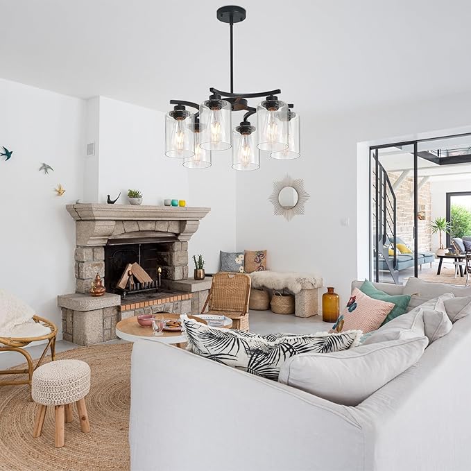 6-Light Modern Farmhouse Black Chandeliers for Dining Room,20.8" Kitchen Island Black Chandelier Over Table,Adjustable Height Hanging Pendant Lights,Clear Glass Shade Ceiling Light Fixture