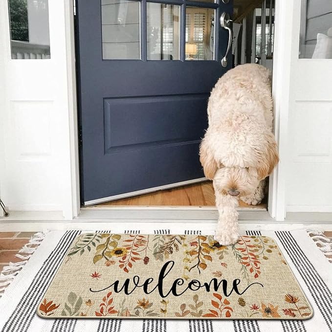 ORTIGIA Welcome Fall Doormat Indoor Outdoor Patio Eucalyptus Leaves Sunflowers Door Mats Non-Slip Entrance Mat for Home Entrance, Outside Entry, Yard, Floor, Patio 32x20 Inch