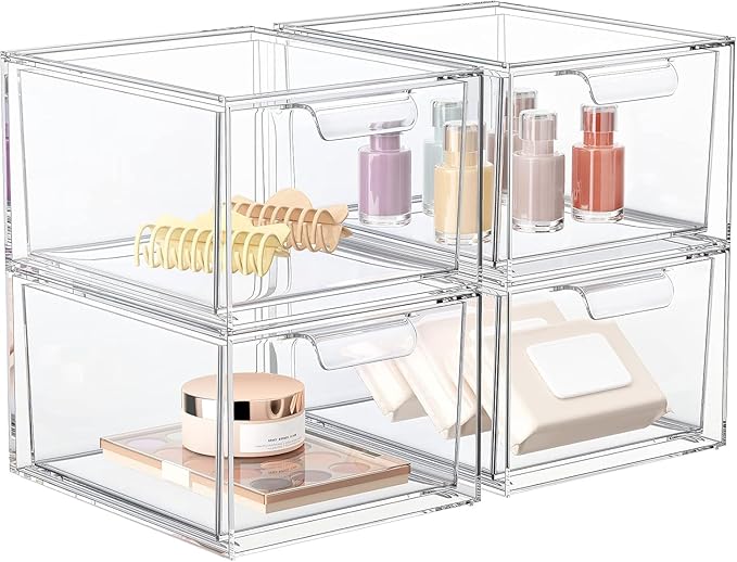 4 Pack Stackable Makeup Organizer and Storage, Acrylic Organizers，Clear Plastic Storage Drawer with Handles for Vanity, Undersink, Kitchen Cabinets, Pantry