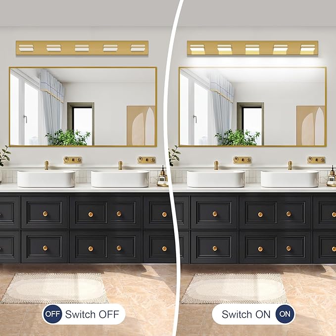 SineRise LED Modern Bathroom Vanity Light Fixtures (5-Light, 40-Inch, Dimmable), Brass Modern Acrylic Bathroom Wall Lighting Fixtures Over Mirror (Cool White 6000K)