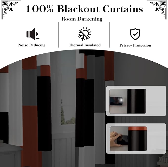 Burnt Orange 100% Blackout Curtains for Bedroom 45 inch Length 2 Panels Set Grey Modern Abstract Geometric Fall Black Out Curtains Insulated Room Darkening Window Drapes for Living Room, 52Wx45L