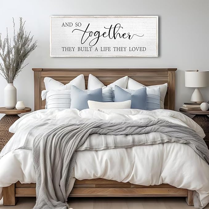 And So Together They Built A Life They Loved Wall Decor 40”X15” Rustic Master Bedroom Large Wood Framed Sign Above Bed Modern Farmhouse Quotes Couple Wall Art Over Bed Hanging Decoration (White)