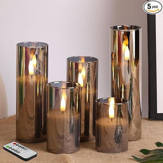 Eywamage 5 Pack Grey Glass Flameless Candles with Remote, Flickering Slim Tall LED Pillar Votive Candles Battery Included