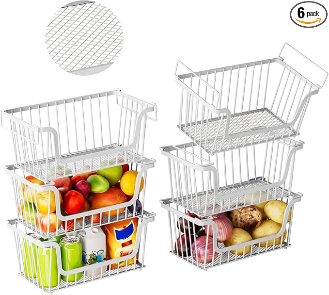 Enhanced Leak-Proof Bottom Stackable Wire Baskets, 6 Pack Pantry Organizers and Storage, pantry storage，Shelf Baskets, Fruit Basket, Potato and Onion Storage Bins，(White)