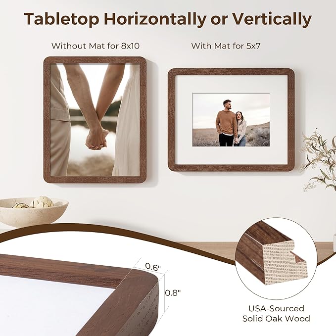 8x10 Picture Frame, Rustic 8 by 10 Photo Frame for Wall & Tabletop Display - Solid Oak Wood & Tempered Glass, 8x10 Picture Frame Matted to 5x7, Wood Collage Frames for Home, Walnut Color, 1 Pack