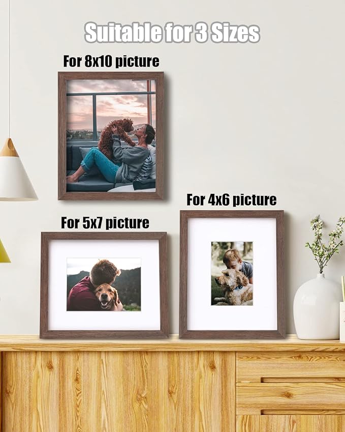 Egofine 8x10 Picture Frames Set of 4, Made of Solid Wood Covered by Plexiglass 4x6 and 5x7 with Mat or 8x10 without Mat, for Table Top Display and Wall Mounting Photo Frame Brown