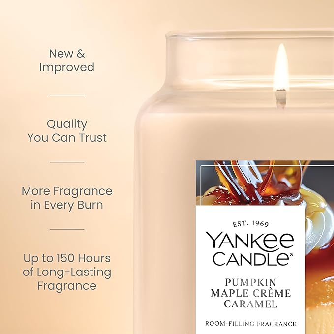 Yankee Candle Large Jar Scented Candle with up to 150 Hour Burn Time, Premium Plant Wax Blend for Consistent Burn, 22 oz Jar Candle with Room Filling Fragrance, Pumpkin Maple Crème Caramel