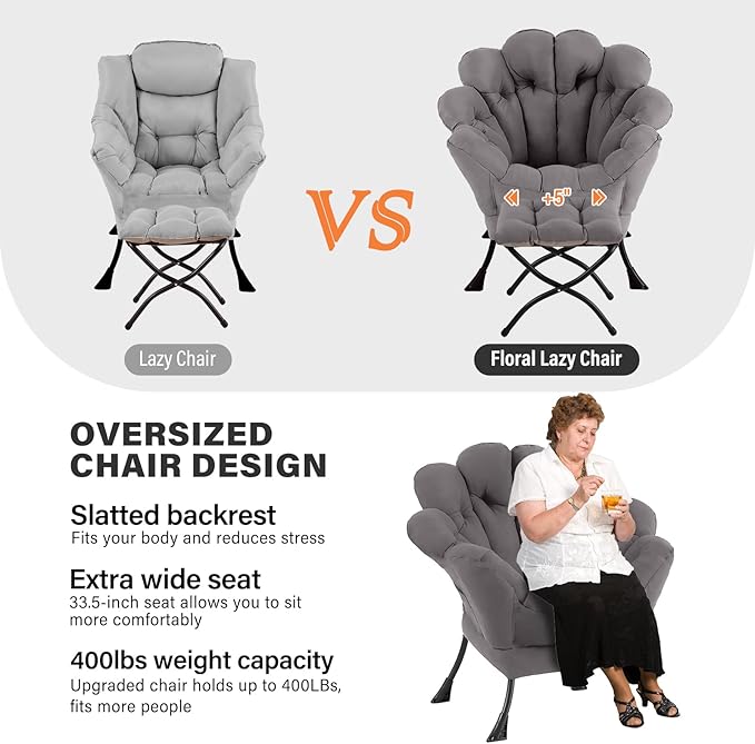 Lazy Chair with Ottoman, Modern Floral Reading Chair with Folding Footrest, Lounge Accent Chairs, Comfortable Oversized Armchairs for Bedroom, Living Room, Courtyard, Dark Grey