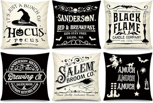 Halloween Pillow Covers 18x18 Inch Set of 6, Indoor Halloween Decorations, Black White Farmhouse Saying Throw Pillow Cover, Scary Pillowcase for Seaonal Party Couch Home Decor