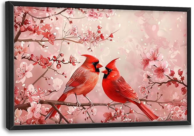 Flintis Large Cardinals Wall Art Red Cardinals Pictures Wall Decor Abstract Animal Canvas Painting Print Artwork Decoration Framed for Living Room Bathroom Master Bedroom Office Dining 36L x 24W