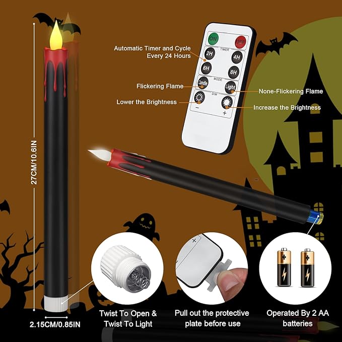 Flameless Taper Candles 10.6" Dripless Battery Operated Taper Candles Included Remote Timer 400+ Hours by 2AA Batteries for Halloween Christmas Wedding (Black+Burgundy, 24 Pack)