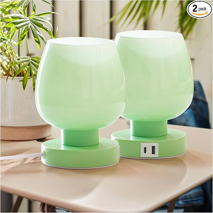 ONEWISH Touch Bedside Table Lamp with USB Charging - 3 Way Dimmable Small Glass Lamp for Bedroom, 2700K LED Bulb Included, Green, 2 Packs
