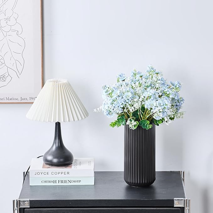 Black Ceramic Flower Vase for Pampas Grass, 10 inch Large Decorative Centerpiece Ribbed Vase for Dining Table, Office Desktop, Shelf Bookshelf, Mantel, Entryway, Bathroom, Countertop, Farmhouse, Gift