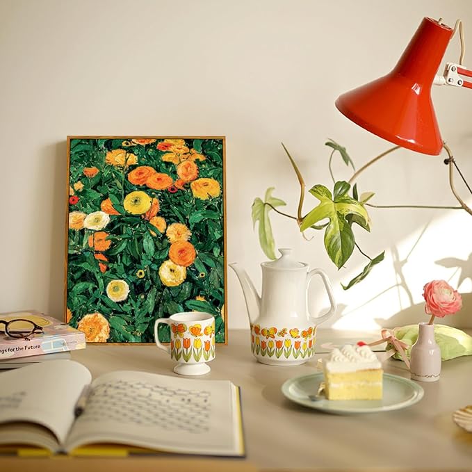 crmotu Vintage Framed Wall Art, Flower Market Aesthetic Art Prints, Botanical Floral Canvas Pictures, Daisy Nature Wall Decor Oil Paintings, Retro Bedroom Kitchen Office Desktop Small Artwork 8x10in