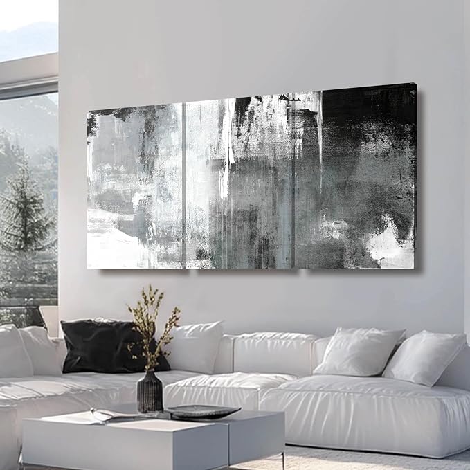 Kureful Extra Large Wall Art for Living Room Black Wall Decor White Wall Decorations Abstract Artwork Oversize Paintings Pictures for Home Office 24"x 36"x 3 Pieces