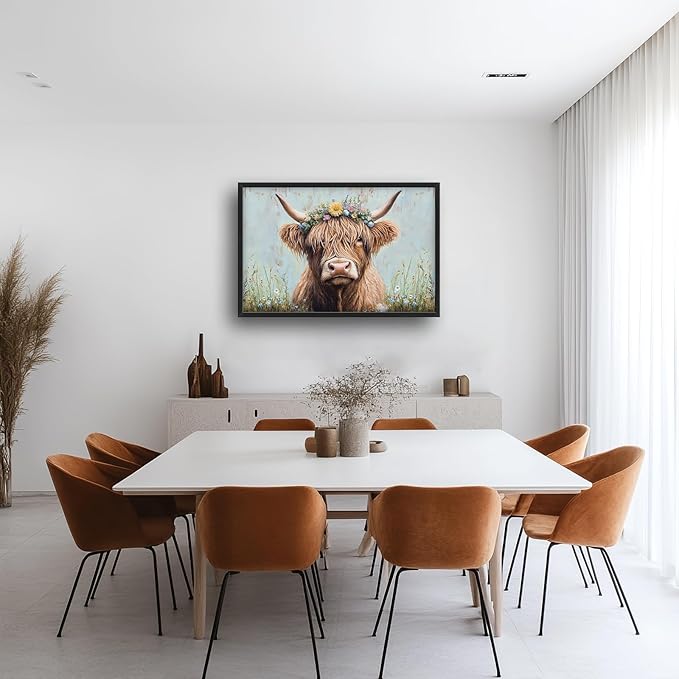 Highland Cow Framed Wall Art for Living Room, Large Cow Canvas Wall Decor, Animal Pictures Painting, Modern Artwork for Bathroom Bedroom Office 36L'' × 24W''