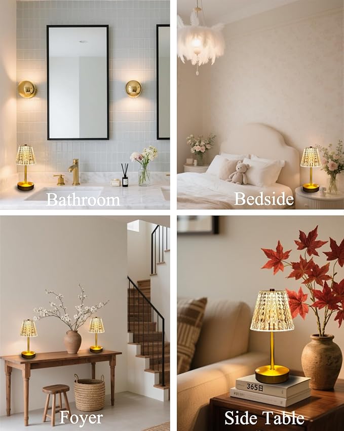 Gold Cordless Table Lamp Rechargeable,5000mAh Battery Operated Lamps,Mini Small Crystal Table Lamp for Restaurant Dining Bathroom/Kitchen Counter/Rechargable Touch Lamp for Home Dinner Shower Lamp