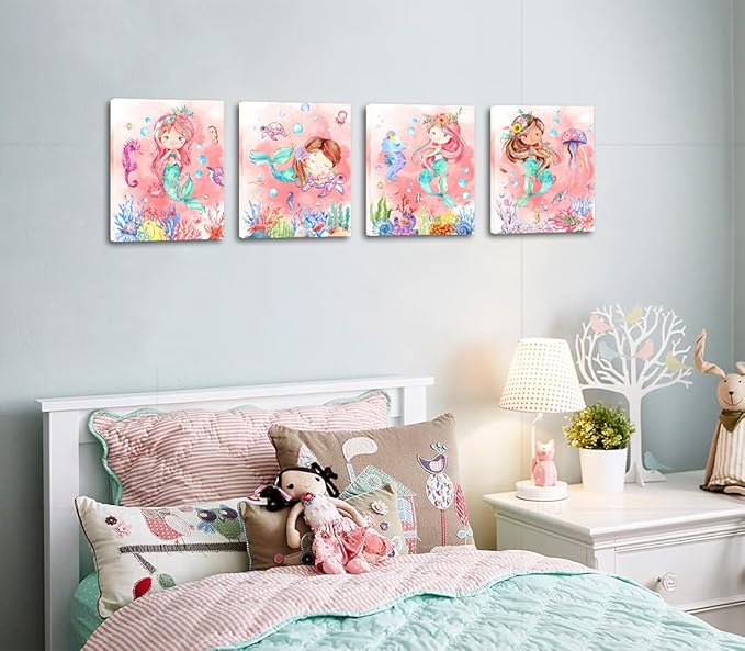 Mermaid Wall Art,Mermaid Pictures Wall Decor,Pink Ocean Canvas Prints Painting,Cute Watercolor Framed Artwork for Bathroom Girls Bedroom Living Room Home Decoration Set of 4(8"X10")