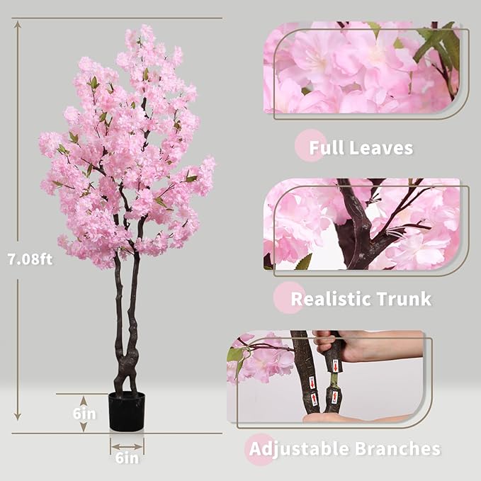 Artificial Pink Cherry Blossom Tree 6ft(72in) Tall Faux Plant Indoor Decor Handmade Japanese Sakura Tree for Wedding Realistic Cherry Plant in Pot for Home Living Room,Office,Outdoor Decor.