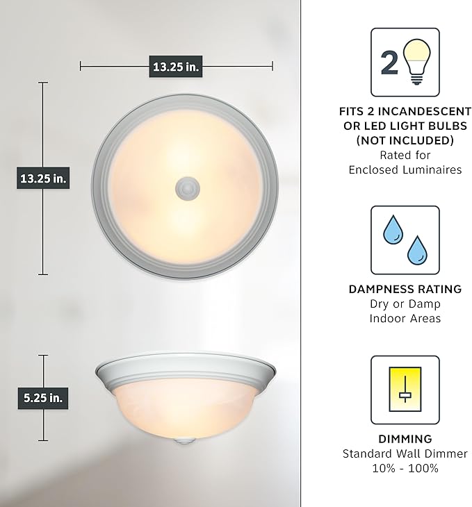 DESIGNERS FOUNTAIN Reedley 2-Lights Flush Mount Ceiling Light, 13 Inch Lighting Fixture for Kitchen, Bedroom, Bathroom, and Hallway, White Alabaster Glass, White, 1257M-WH-AL