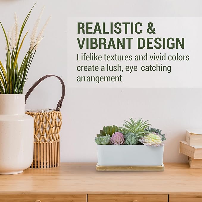 MyGift Assorted Artificial Succulent Plant Arrangement Potted in White Ceramic Planter Pot with Removable Bamboo Tray