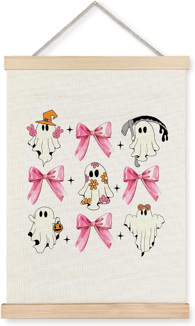 Supwhd Cute Halloween Ghosts Wall Art with Wooden Poster Hanger, Trendy Preppy Pink Bow Coquette Wall Decor, Coquette Preppy Room Decor, Halloween Pictures Wall Decor, 12x16