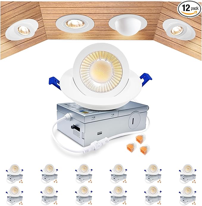 zouzai 5CCT LED Gimbal Led Recessed Light with Junction Box, 360°+90° Adjustable Directional Eyeball Lighting, Dimmable, 2700K/3000K/3500K/4000K/5000K,ETL&Energy Star (White 12 Pack, 3 inch)
