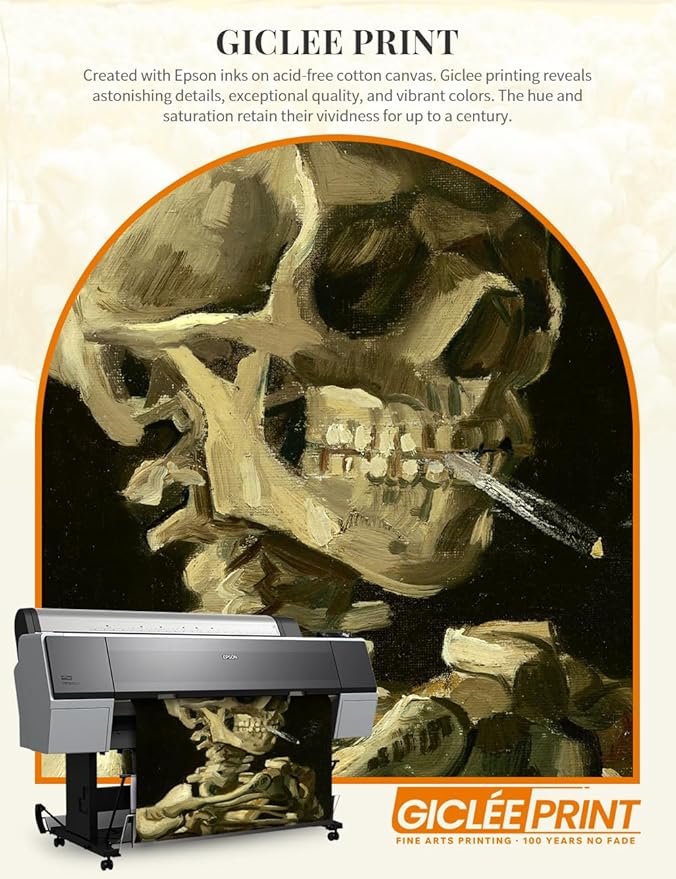 DECORARTS - Head of a Skeleton with a Burning Cigarette, Vincent Van Gogh Art Reproduction. Acid Free Cotton Canvas Giclee Print w/Bronze Frame&Mat for Wall Decor.