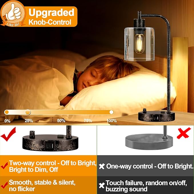 Set of 2 Industrial Table Lamps with USB Port, Rustic Black Fully Stepless Dimmable Bedside Lamps for bedrooms, Nightstand Desk Lamps with Clear Glass Shade for Reading Living Room Office 2 LED Bulb