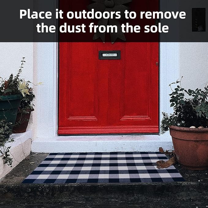 SEEKSEE Cotton Buffalo Plaid Rug 3'x5' Navy Blue and White Checked Rug Washable Doormats Indoor Outdoor Rugs for Layered Front Door Mats, Porch, Kitchen, Farmhouse, Entryway