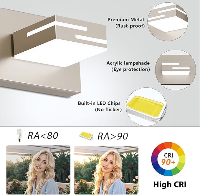 LED Modern Bathroom Vanity Light Fixtures, 3-Light 22-inch Dimmable Brushed Nickel Vanity Lights for Bathroom Lighting Fixtures Over Mirror, with 350° Rotatable Acrylic Heads (Cool White 6000K)