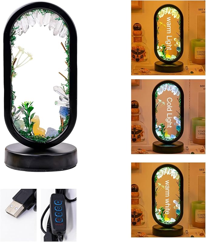 Runyangshi Natural Crystal Night Light LED Bedroom Living Room Night Lamp Oval Quartz Lamp USB Power Bionic Botanical Forest Style Tri-Color Adjustable Ambient Lighting Home Decoration Christmas Gift