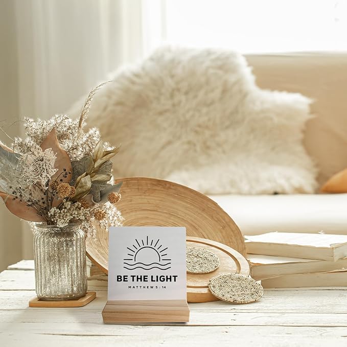 Christian Bible Verse Matthew 5:14 Be the Light Sun Desk Small Wood Sign Signs with Wooden Stand,Inspirational Religious Sign Decor for Home Church,Christian Gifts for Women Men Teen Girls Boys