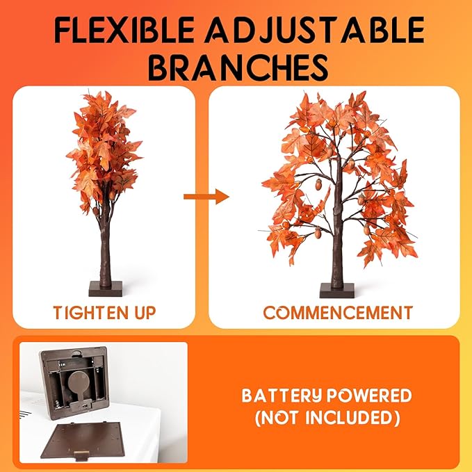 Fall Maple Leaf Table Lighted Tree - Thanksgiving Decorations 2 Pack Home Decor with 48 LED Lights for Indoor Outdoor Room Decoration Artificial Harvest Autumn Trees Battery Operated for Home Party