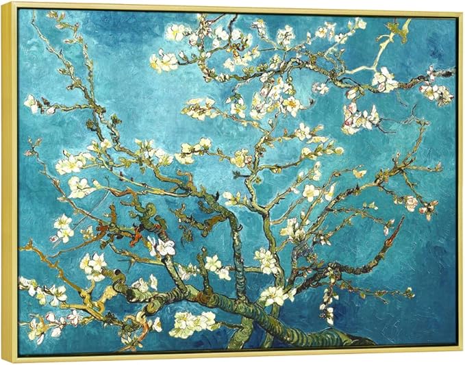 Wieco Art Framed Wall Art Canvas Prints of Almond Blossom by Vincent Van Gogh Paintings Reproduction Abstract Artwork for Wall Decor Golden Frame