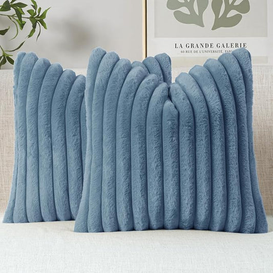 MIULEE Faux Fur Decorative Throw Pillow Covers 20x20 Inch Set of 2, Coastal Modern Art Home Decor Soft Plush Couch Pillows Cozy Fluffy Cushion Covers for Sofa Bed Grey Blue