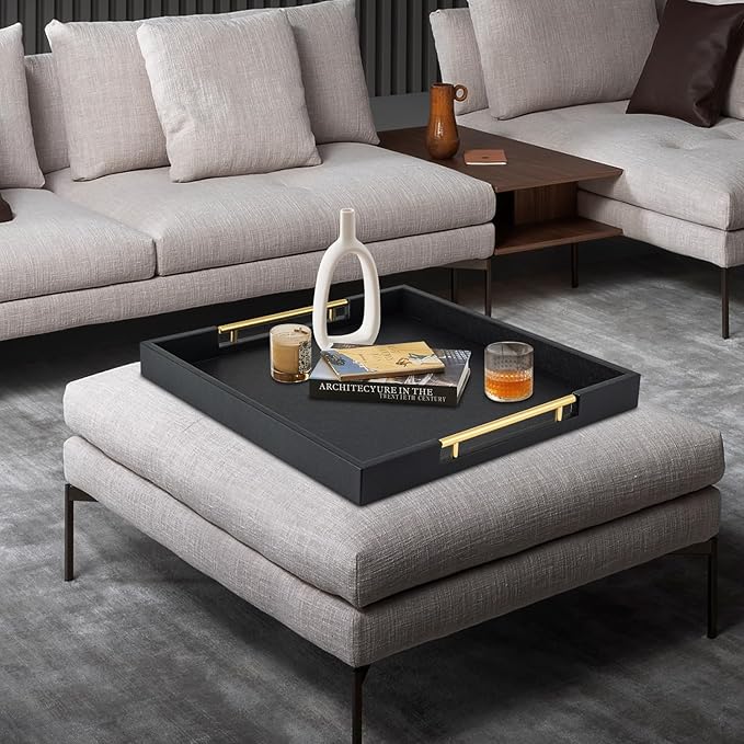 Black Square Serving Tray with Gold Handles for Party,Large Wood Decorative Tray for Ottoman,Faux Leather Coffee Table Tray Decor