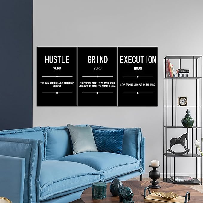 Motivational Wall Art Grind Hustle Execution Noun Poster Painting 3 Pieces Canvas Print Office Decor Inspiring Framed Inspirational Quotes for Wall Art Decoration Ready to Hang [48''Wx 24''H]