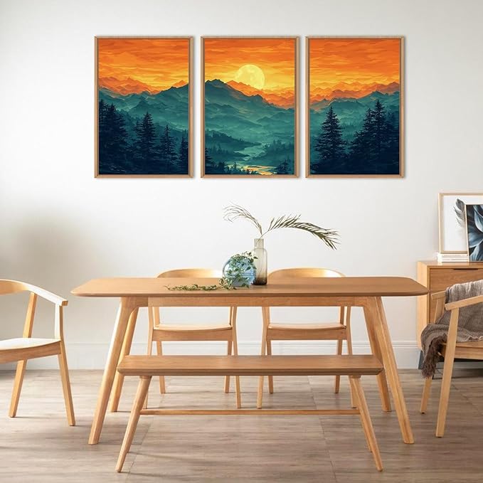 HOURIA Large Sunrise Mountain Forest Landscape Framed Canvas Wall Art Set,Orange Sky Green Ridge Wall Decor,Nature Pine Tree Artwork,Boho Watercolor Art Print for Living Room, Bedroom- 24"x36"x3
