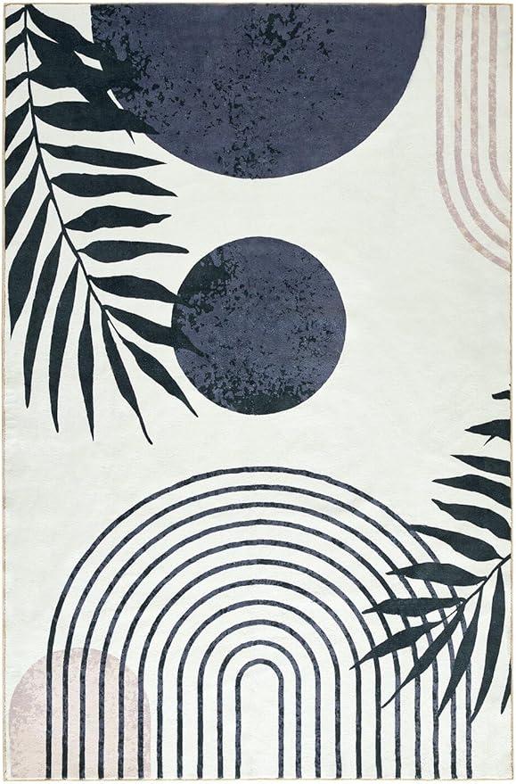 RoomTalks Mid Century Boho Washable 4x6 Rug, Black Vintage Cute Aesthetic Area Rugs Carpet for Kitchen Entryway Bedroom Living Room Office, Abstract Contemporary Botanical Leaves Thin Indoor Rug
