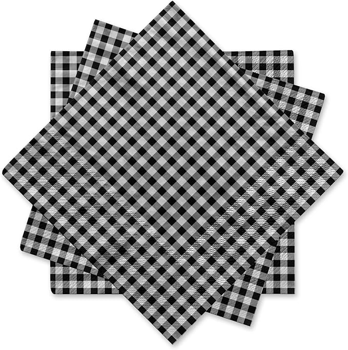 Gatherfun Disposable Paper Napkins Black and White Gingham for Dinner Picnic and Parties (Pack of 50)