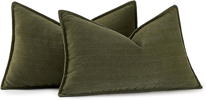 MIULEE Pack of 2 Olive Green Decorative Lumbar Pillow Covers 12x20 Inch Soft Chenille Luxurious Couch Throw Pillows Farmhouse Cushion Covers with Elegant Design for Sofa Bed Living Room Home Decor
