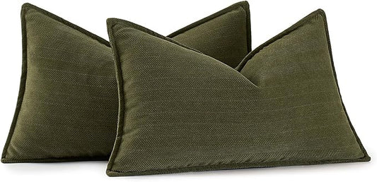 MIULEE Pack of 2 Olive Green Decorative Lumbar Pillow Covers 12x20 Inch Soft Chenille Luxurious Couch Throw Pillows Farmhouse Cushion Covers with Elegant Design for Sofa Bed Living Room Home Decor