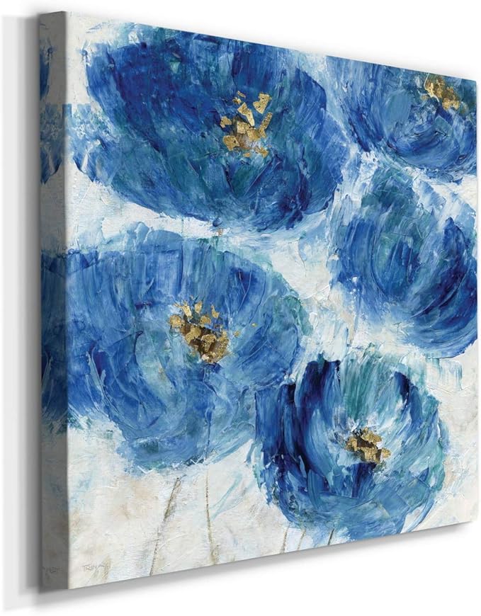 Wexford Home Square Premium Gallery Wrapped Canvas Flower Multicolor Wall Art Abstract Floral Romance Modern Pictures Print for Home Office, Ready to Hang, blue floral fleck, 16x16