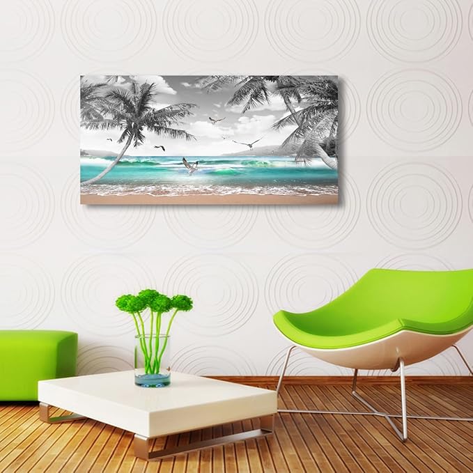 Beach Palm Pictures Canvas Wall Art For Living Room Bedroom Wall Decor,Sea Wave Wall Art Print Paitnings For Home Decor,Morden Artwork Coconut Tree Canvas Art Ready To Hang-24X48 Inches