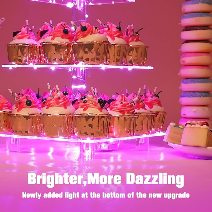 YestBuy 3 Tier Square Cupcake Stand - Premium Cupcake Holder - Acrylic Cupcake Tower Display - 3 Tier Acrylic Display for Pastry + LED Light String - Ideal for Weddings, Birthday Parties(Pink Light)